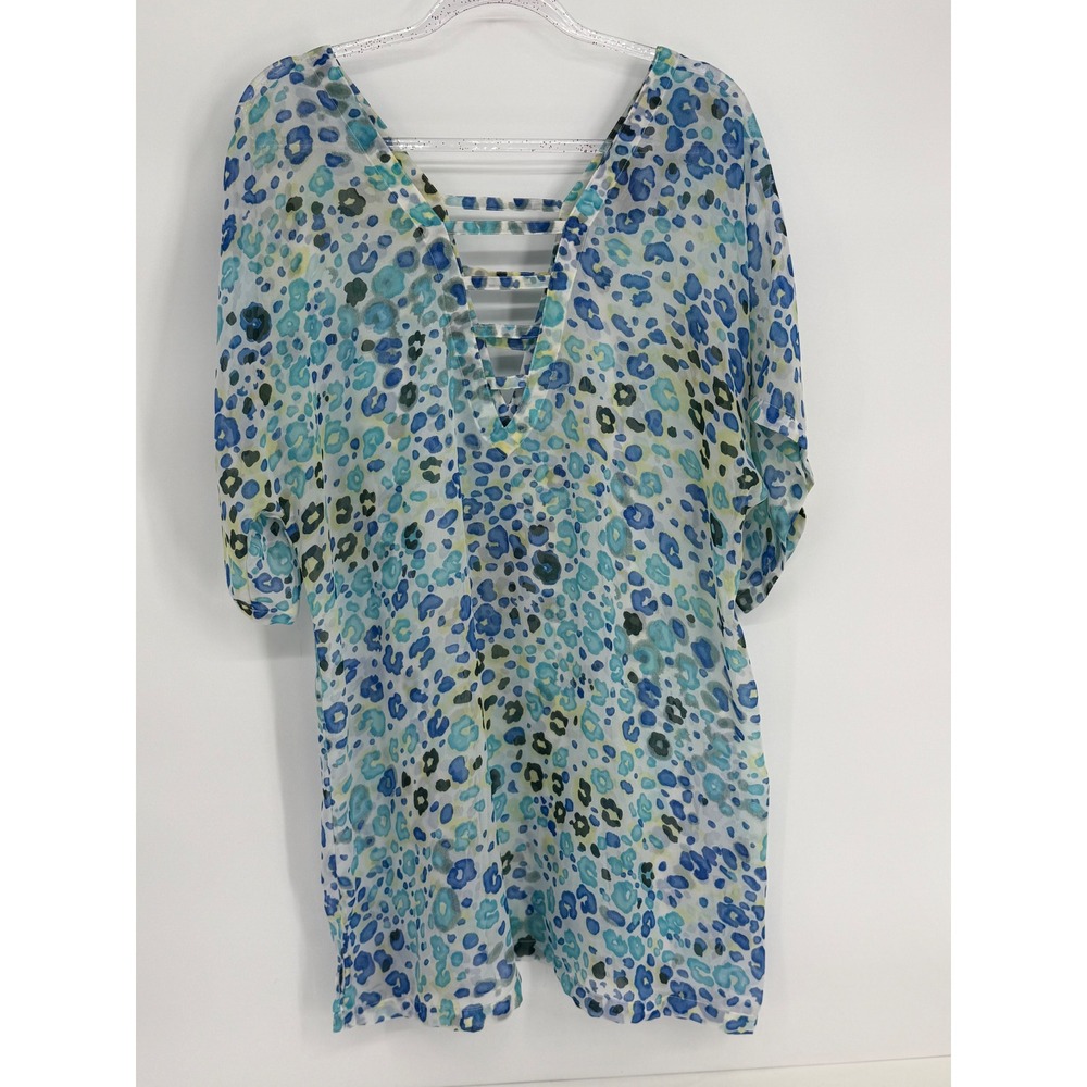 Peppermint Bay Women Blue Green Leopard Print Ladder Back Swim Cover Up Sz L